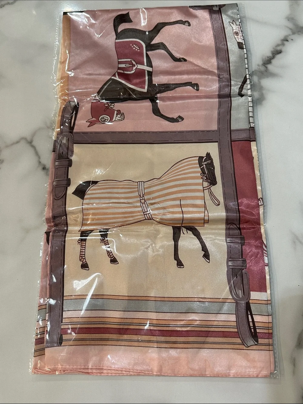 Silk-Feel Horse Print Scarf in Pink and Cream